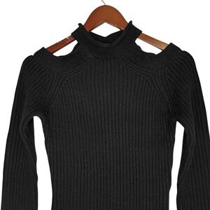Guess Sweater Womens Small Black Cold Shoulder Ribbed Knit Mock Neck Long Sleeve